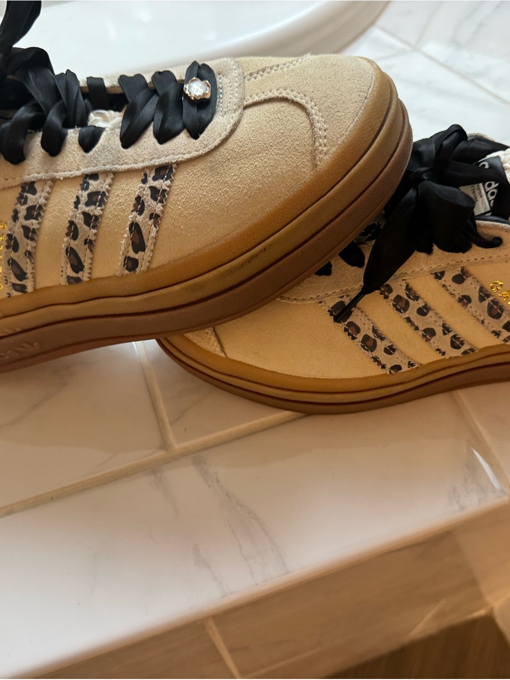 Women's Adidas Gazelle Cream Suede Platform Sneakers with Leopard Stripe Accent